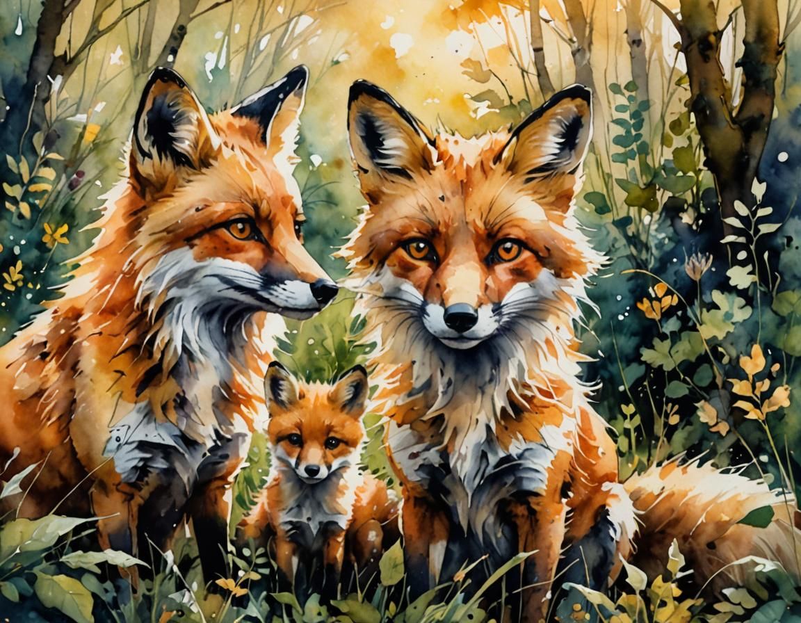 Ink splatter fox with thick  hair blowing in the wind with that just got out of messy bed look looking down at baby fox.. Standing in the un...