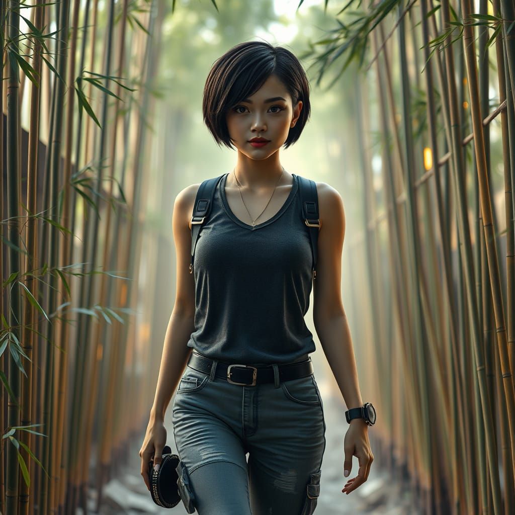 Futuristic Thai Woman in Japanese Bamboo Garden