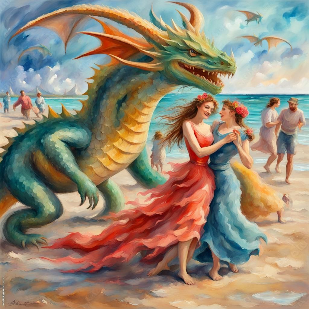 Happy dragons are dancing with beautiful woman on the beach