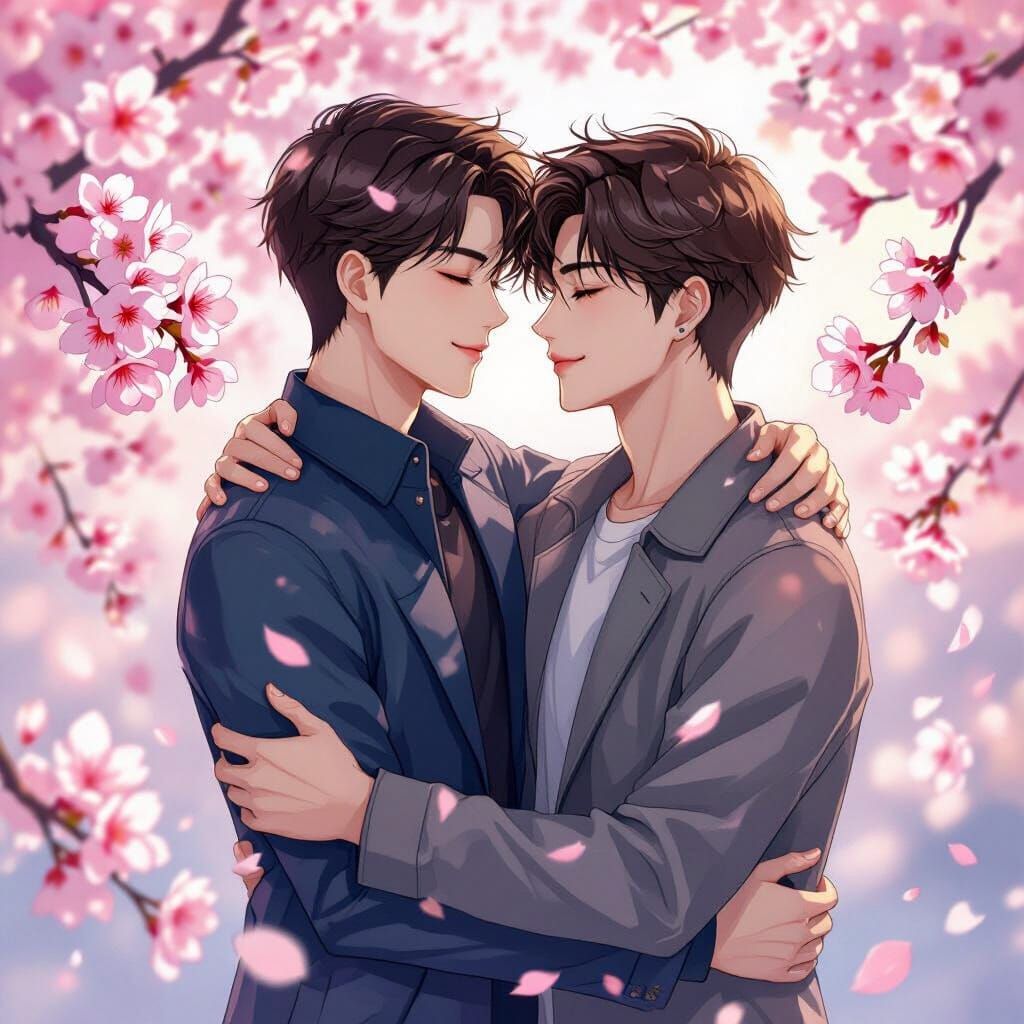 Romantic BL Manhwa Cover Art with Cherry Blossoms