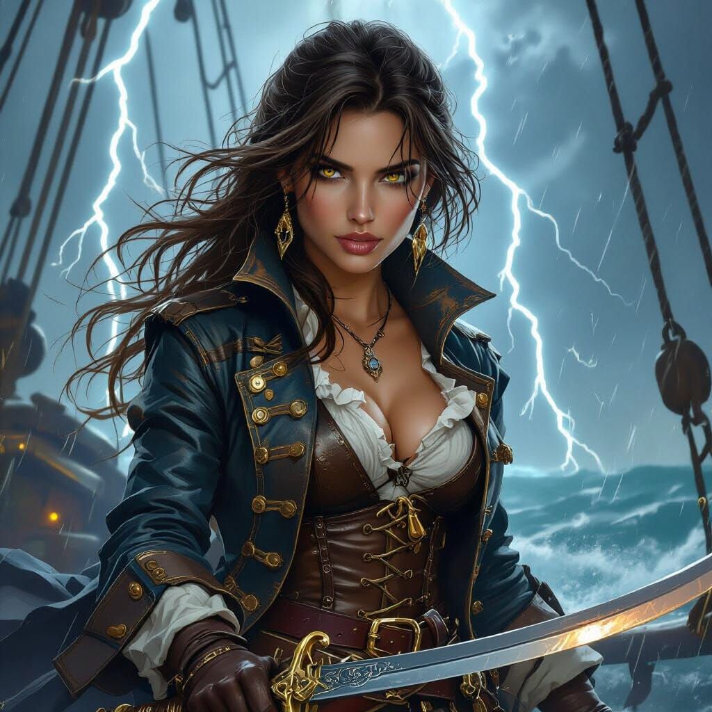 This image shows pirate women with large eyes, one holding a sword. The artwork features intricate details, dramatic lig...