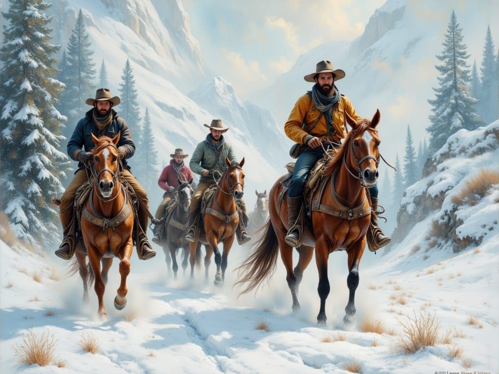 Impasto Oil Painting of Cowboys Riding Through Snowy Mountai...