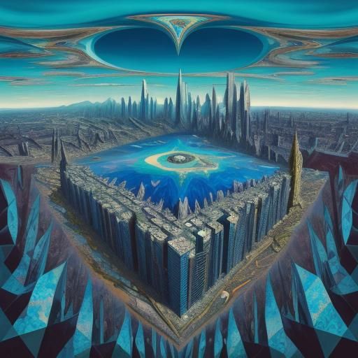 Surreal Fractured Landscape with Kaleidoscopic Cityscape