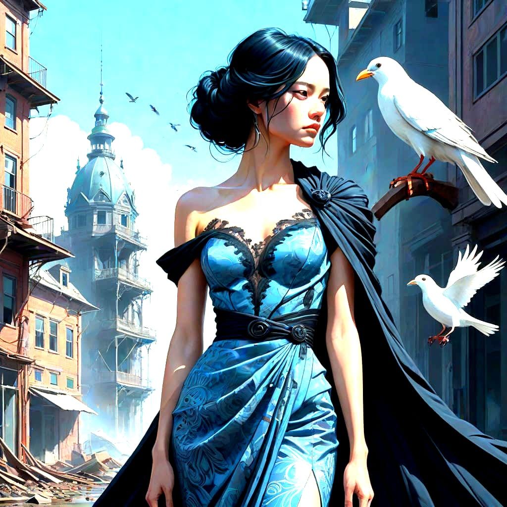 Woman Unites Past and Present in Elegant Dove Blue Gown