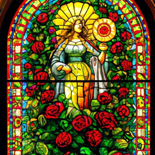 a stained glass window showing a golden goddess surrounded b...