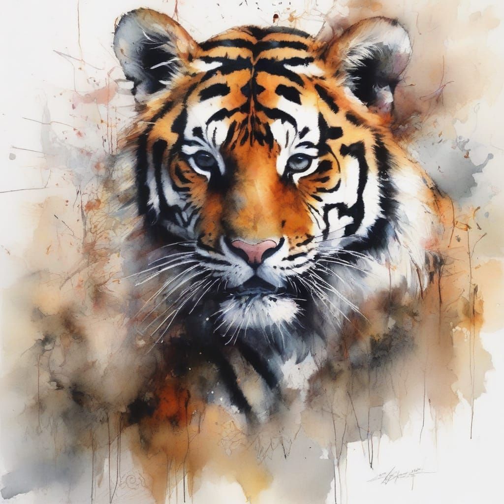 Little Tiger on Branch Neo-Impressionist Oil Painting