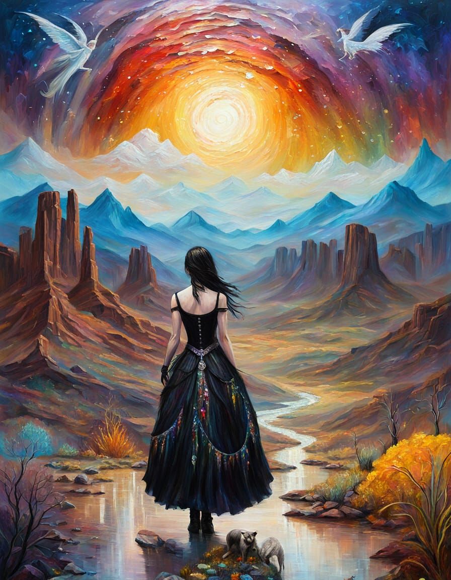 Goth Fairy in Wild West Landscape Impasto Painting