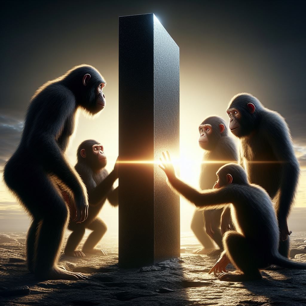 Apes looking at a black monolith