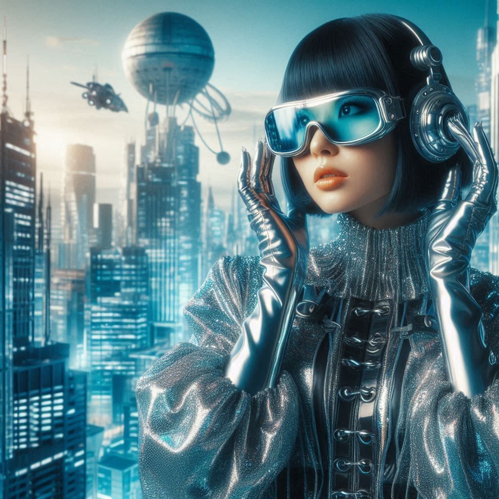 Young asian Woman with a shiny costume, safety goggles and shiny gloves standing in a futuristic city, with a spaceship ...