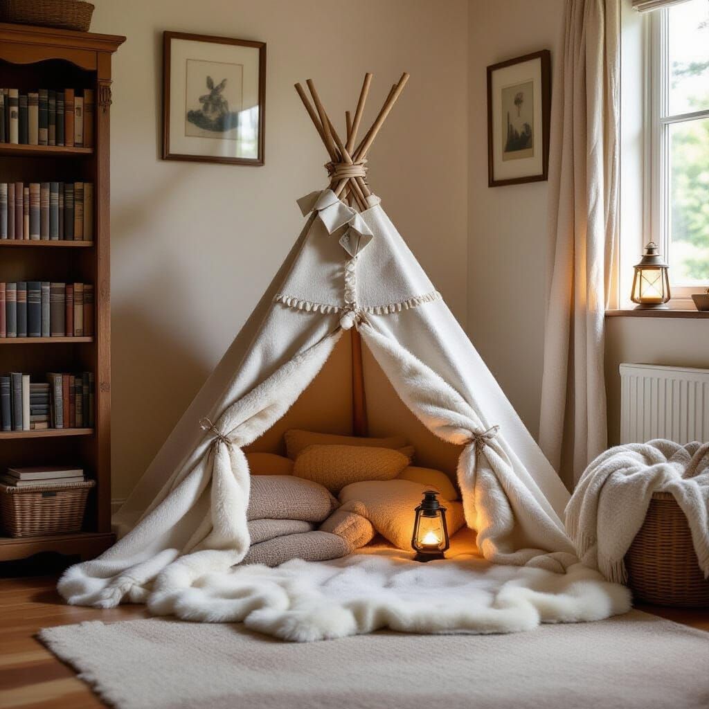 A small teepee tent in the living room, filled with soft blankets, a bookshelf nearby, and a little lantern ...  by @sarush