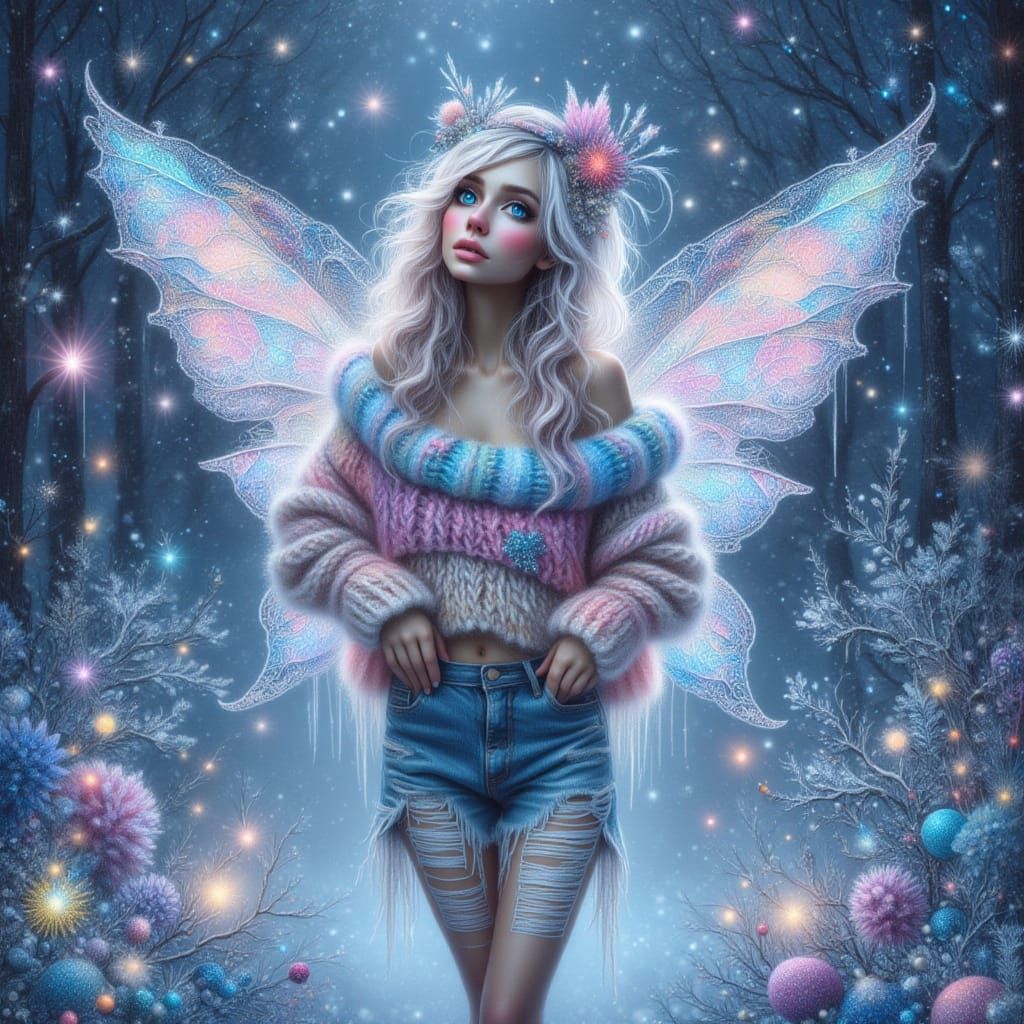 <lora:kkd-WinterFairy:1.0>Winter modern fairy in a magical, colorful winter scene