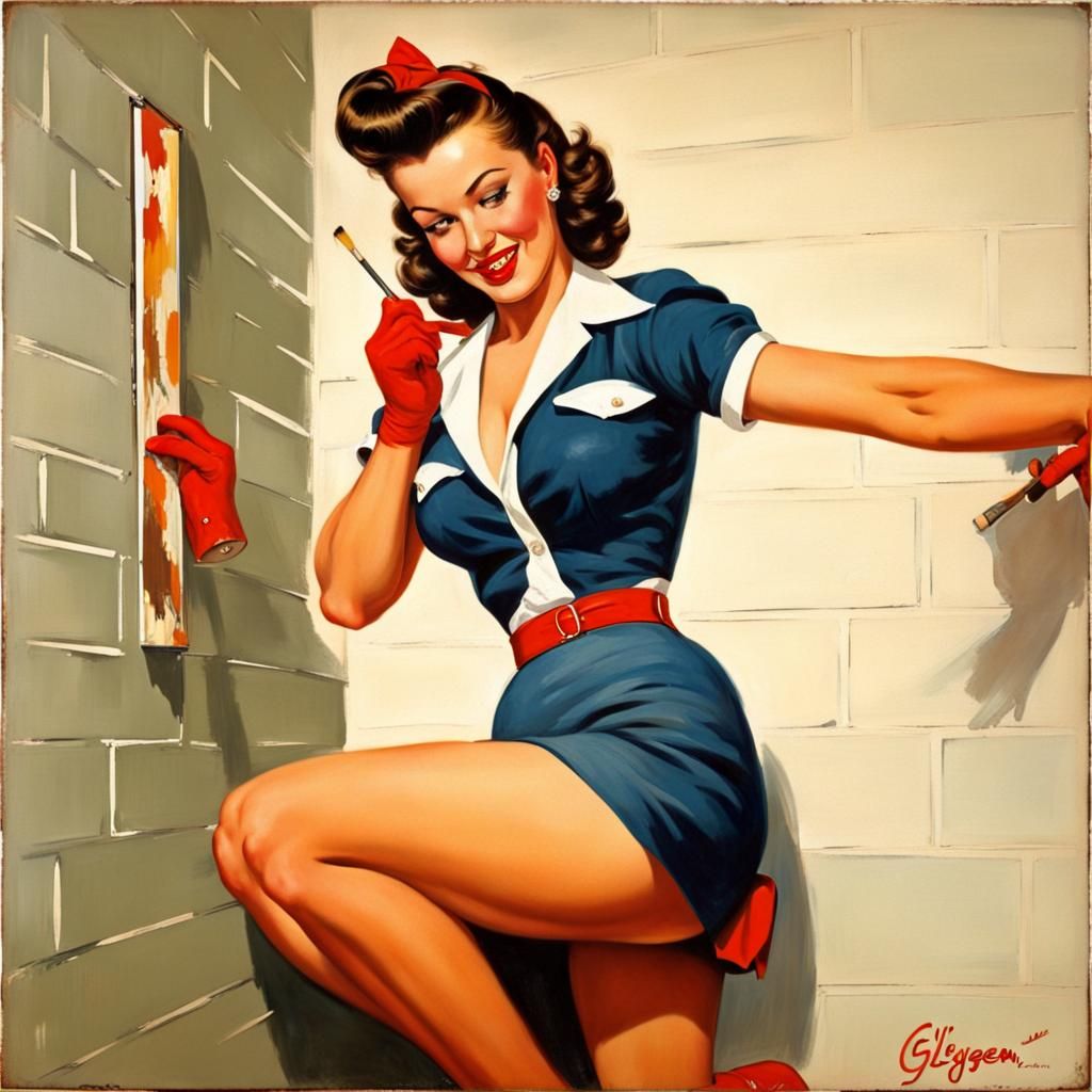 1950s Pin up, painting a wall, style of Gil Elvgren