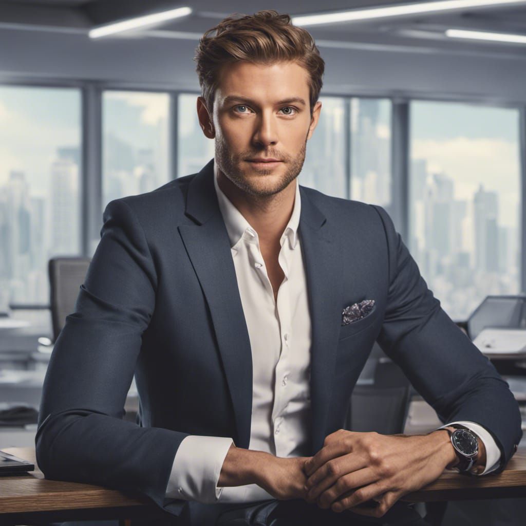 A hansom male TV presenter, . Approximately 28 years old, sitting inside news room. Clean-shaven, dressed in a chic mode...