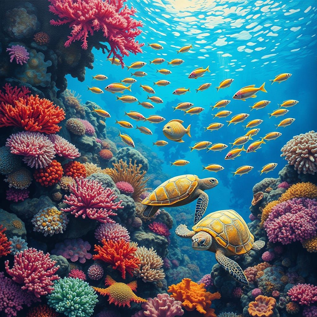 Envision a vibrant coral reef teeming with marine life, rendered in the style of Winslow Homer, with bold colors, dynamic compositions, and ...
