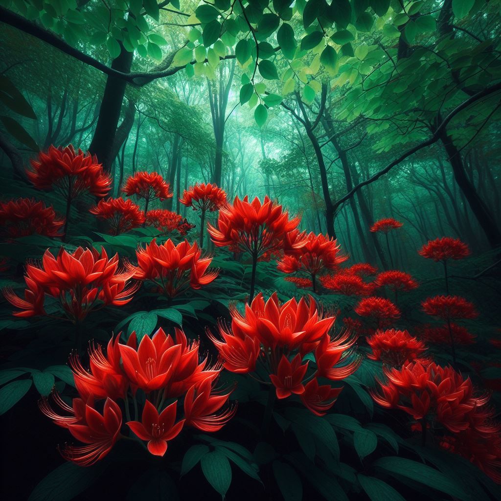 Crimson Blooms in the Emerald Forest
