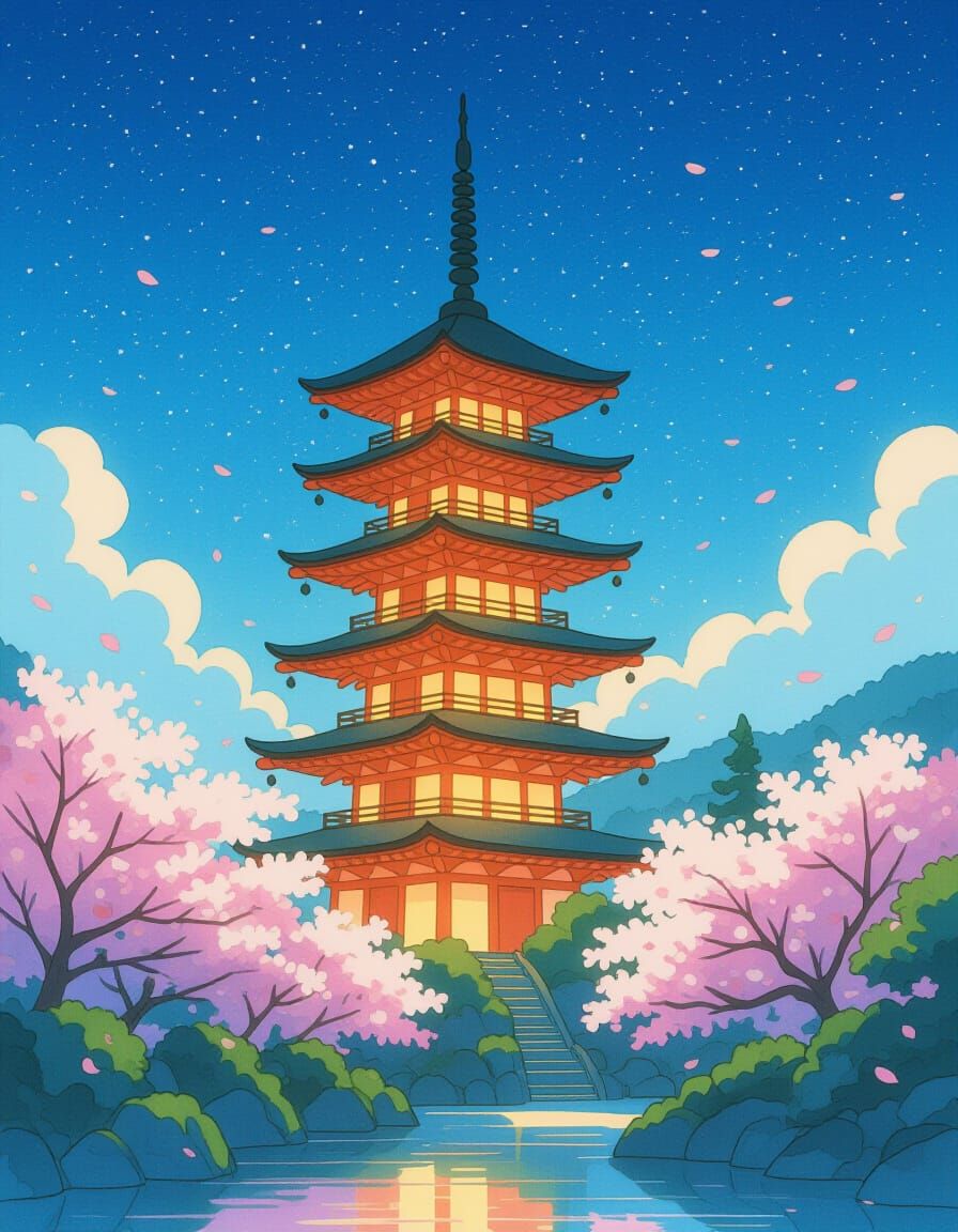 Glowing Pagoda Under Starlit Sky