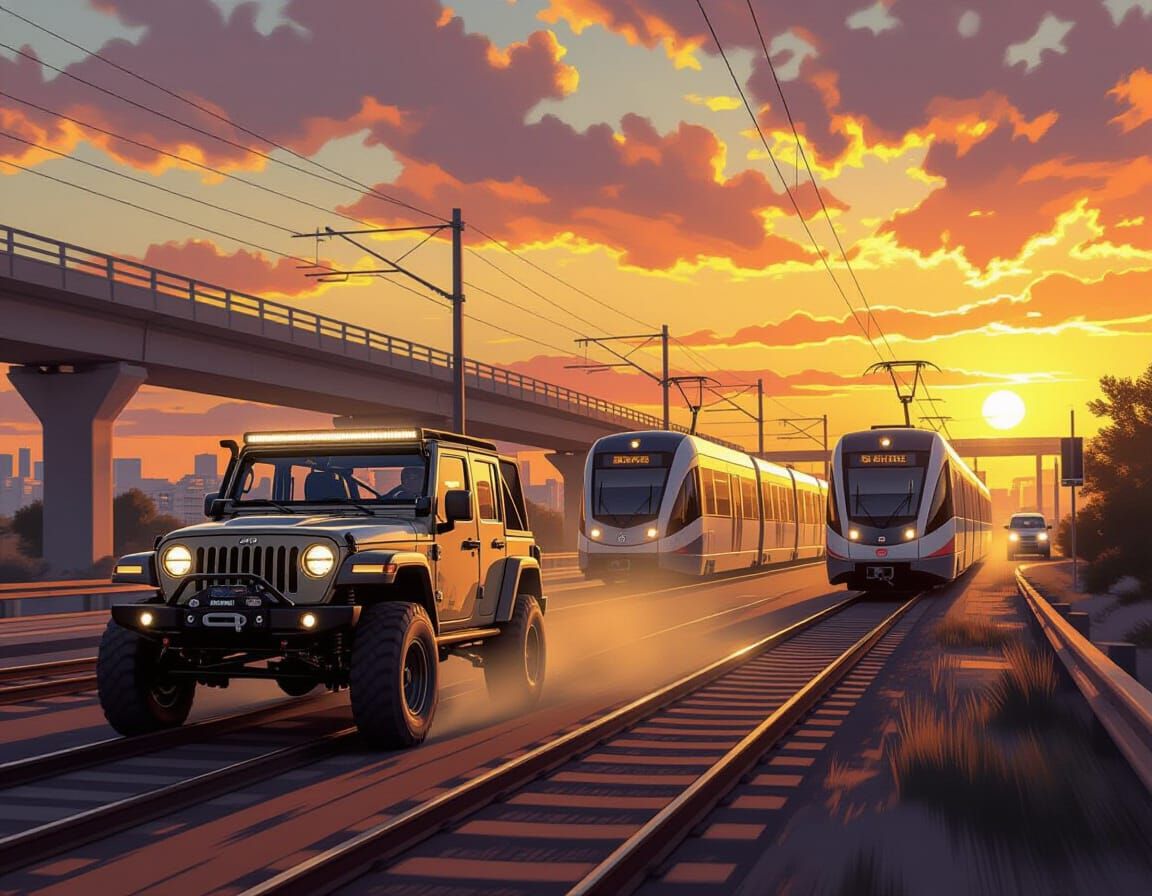 An SUV is driving near the Bridge