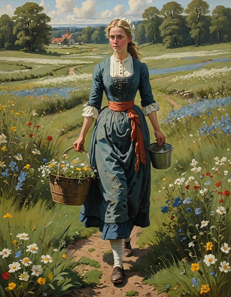 18 century Nordic woman walking in a flowery field, carrying...