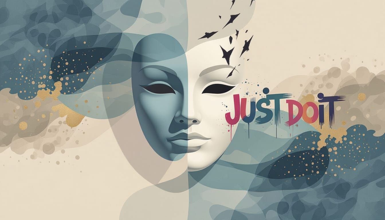 Abstract conceptual background in 16:9 format inspired by the theme “What We Hide from Others”. No human faces. Use abstract mask shapes, la...