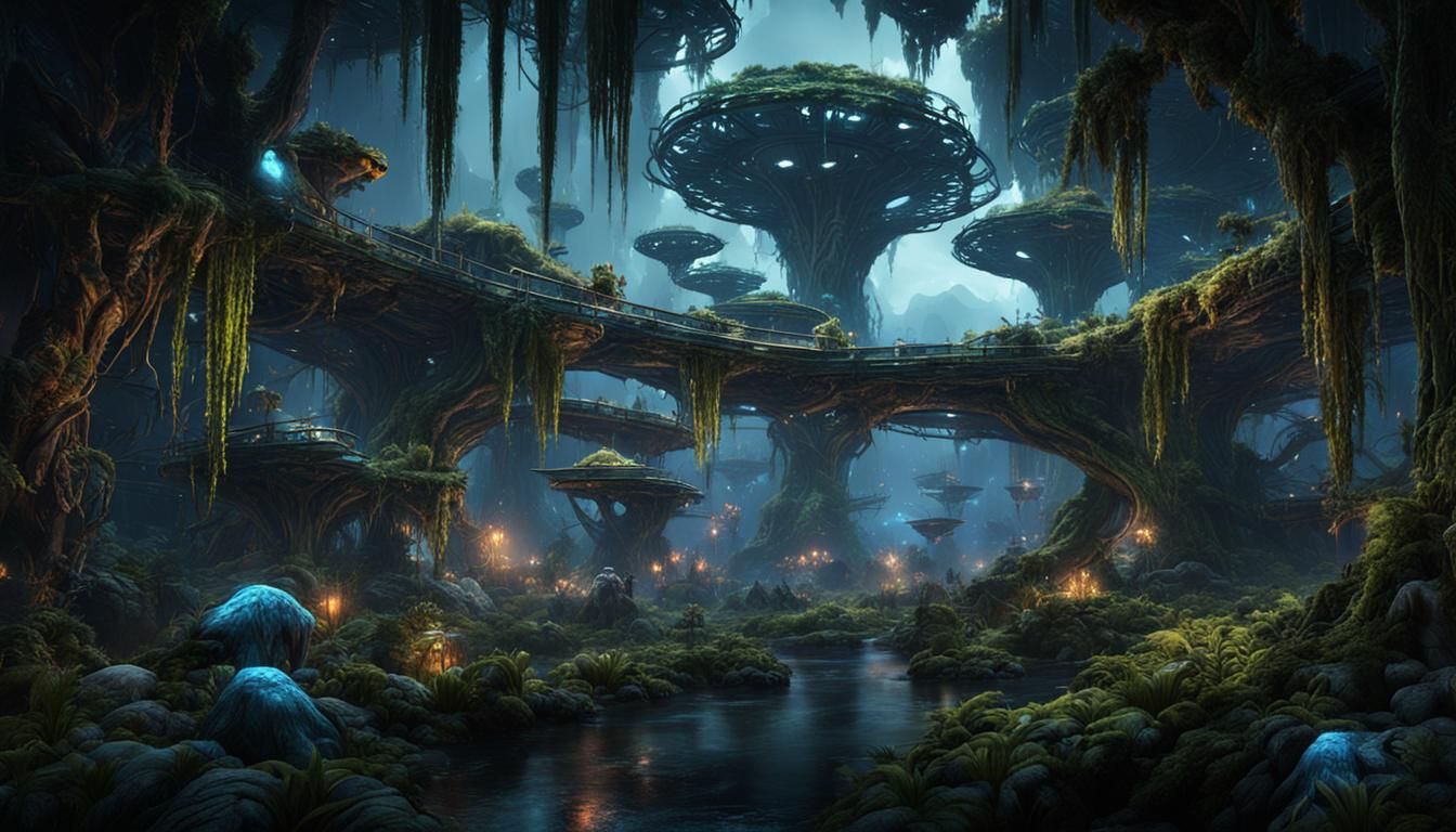 pandora avatar forest avatar aliens night time detailed matte painting, deep color, fantastical, intricate detail, splas...