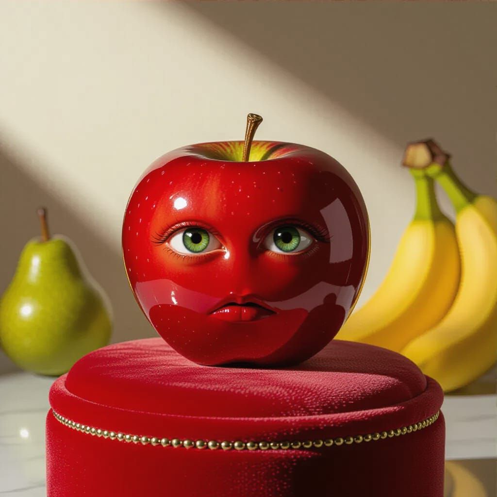 A hyper-realistic, glossy red apple, prominently displayed on a plush velvet pedestal. The apple's surface ...  by @adrian navarro