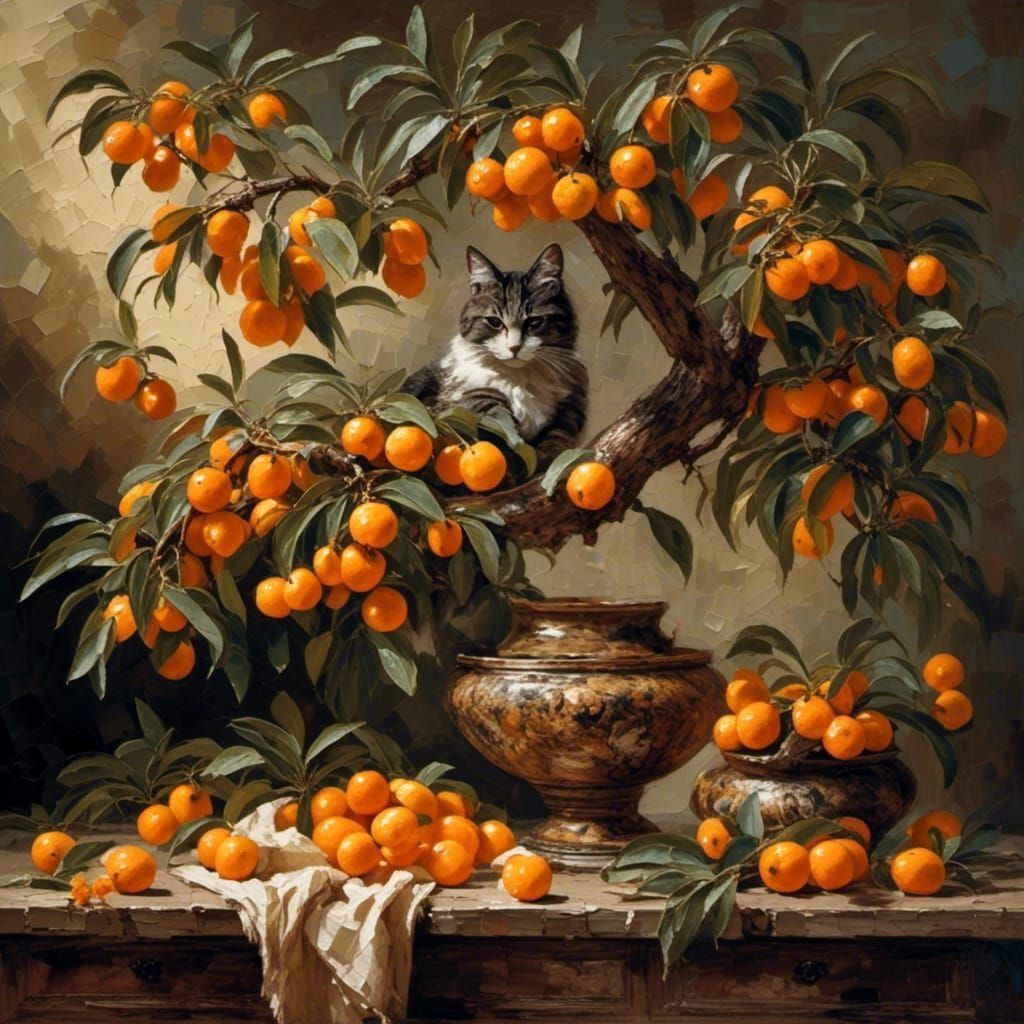 Still life painting of kumquats and cat  by @Carolinas 