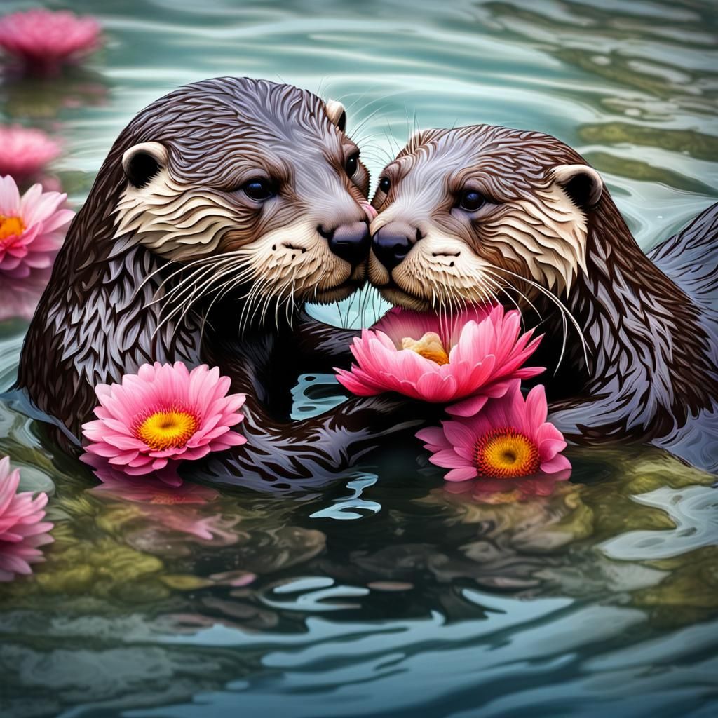 scenes that transport viewers into the enchanting world of otters, two otters hugging in form of a heart ...  by @VampireArts