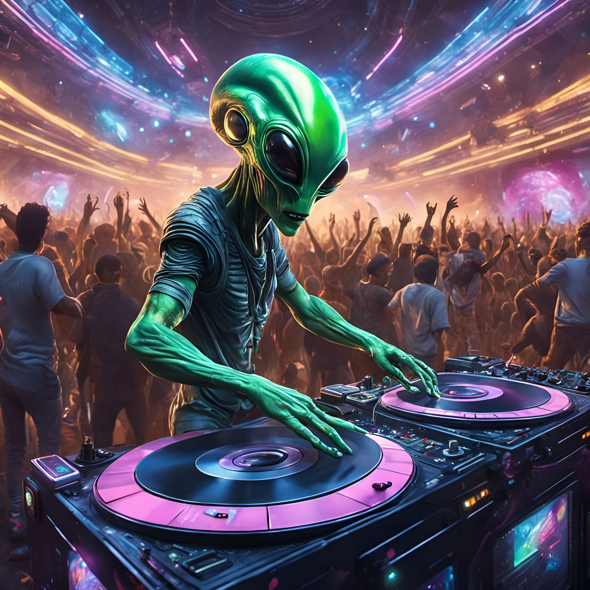 Alien DJ, spinning house music, mosh pit intergalactic stadium on