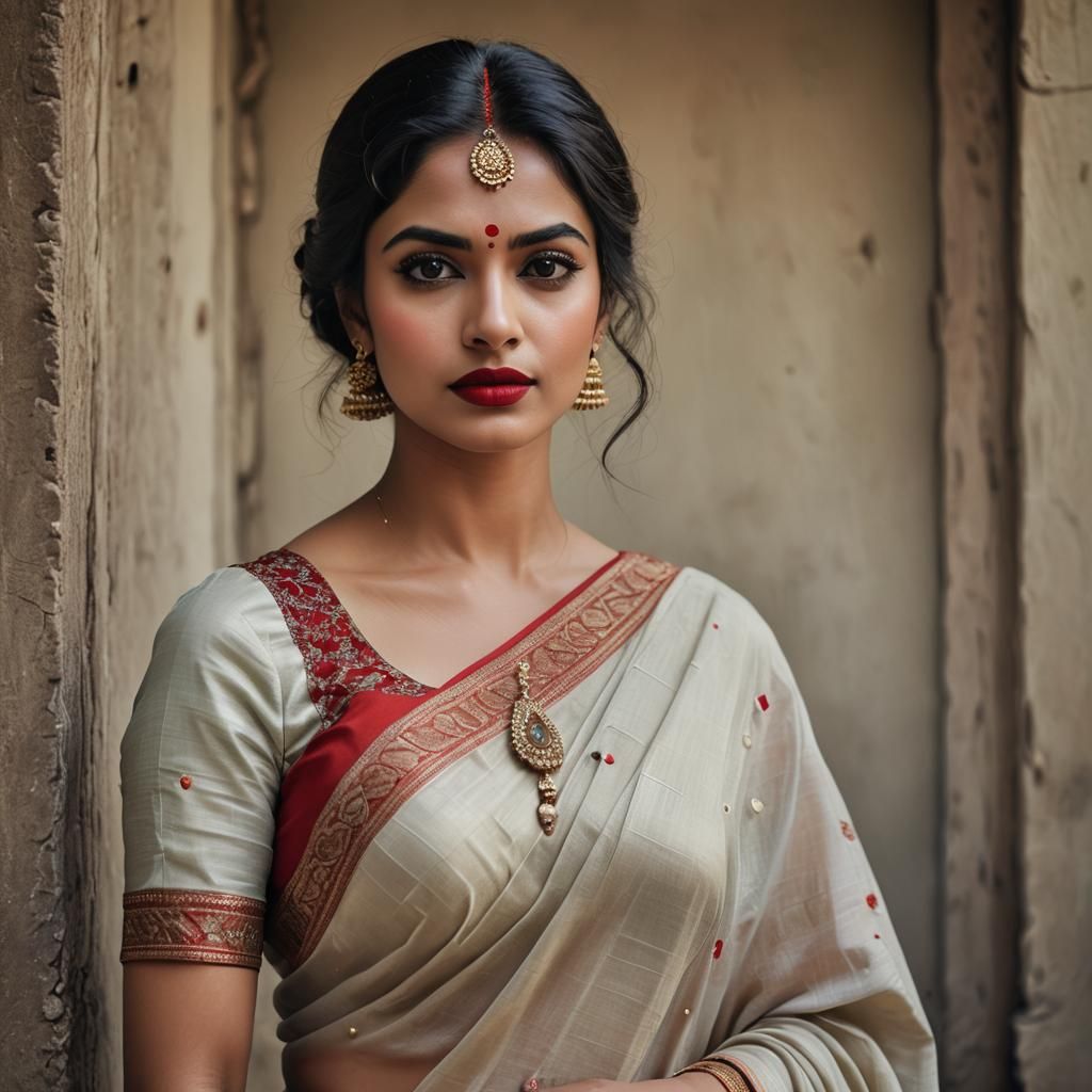 Cute woman wearing bra inside her saree