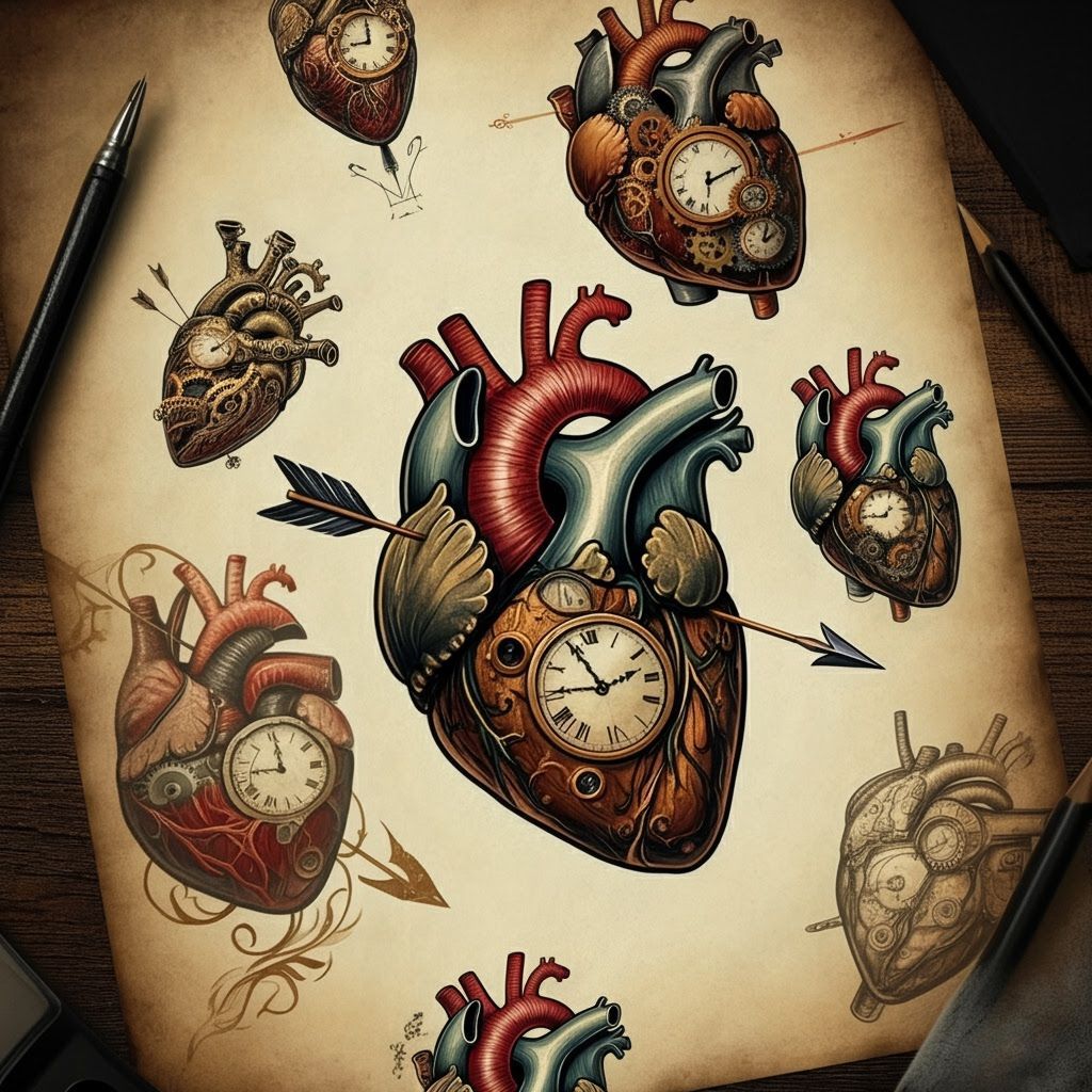 Steampunk Anatomical Heart Tattoo Flash Sheet