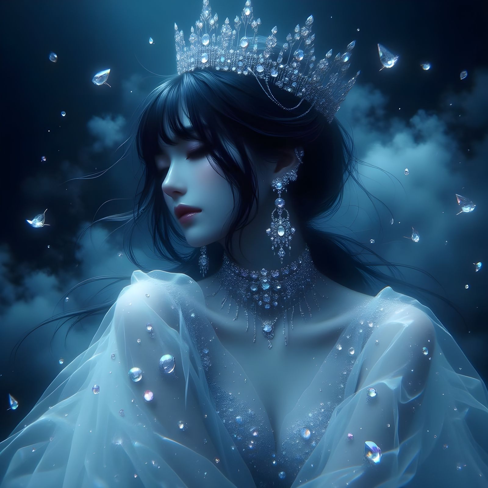 <lora:karizma:1.0> Lady wearing jewelry, dress made of stars, clouds, midnight blue background, minimalism, perfect harmony, smokey, capture...