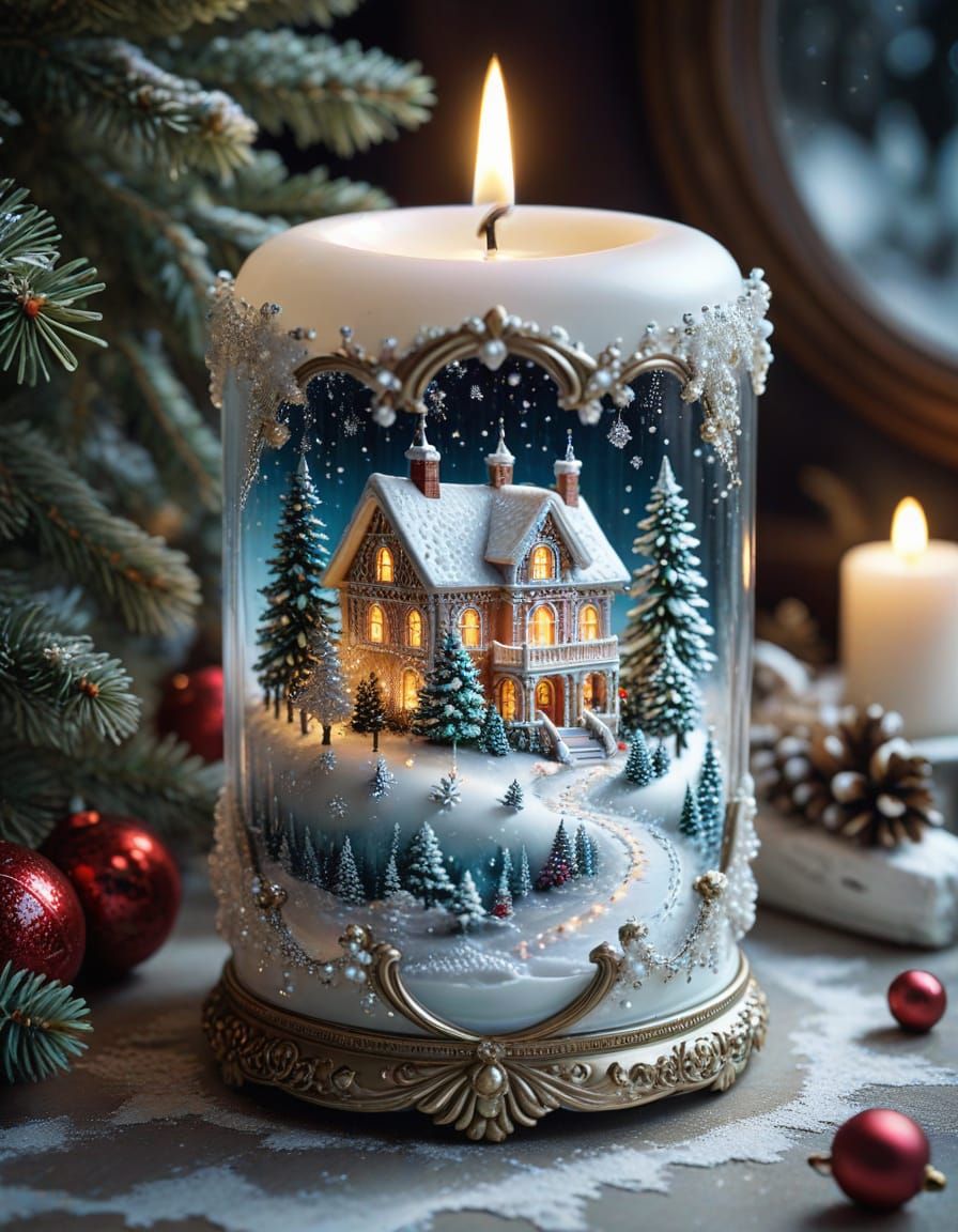 Surreal Christmas Candle with Winter Landscape