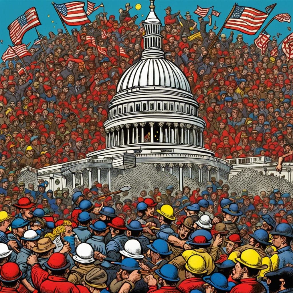 Riot at the US Capitol, red hats and flags, throwing stuff, ...