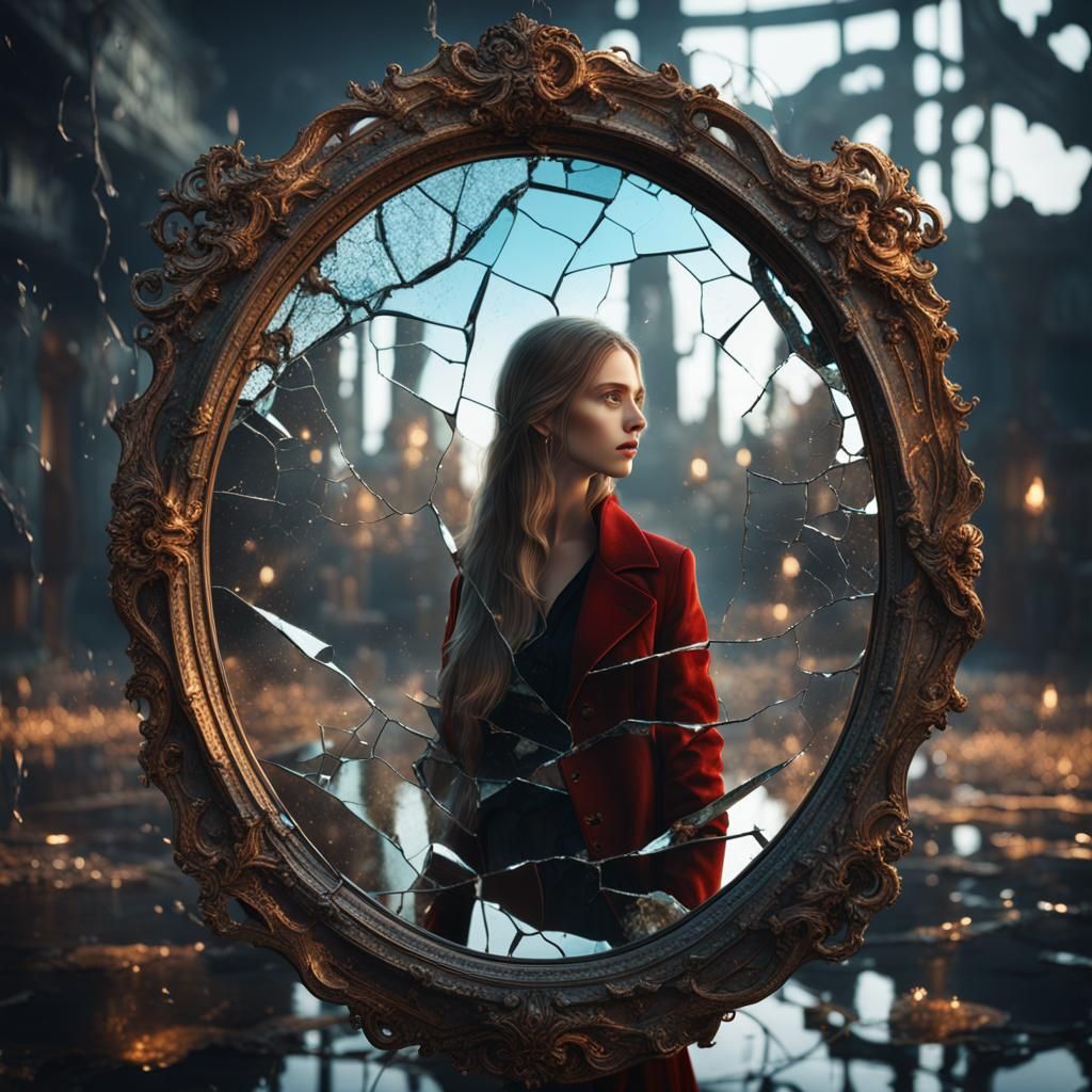 A cracked mirror showing the reflection of a beautiful woman  by @rrruss