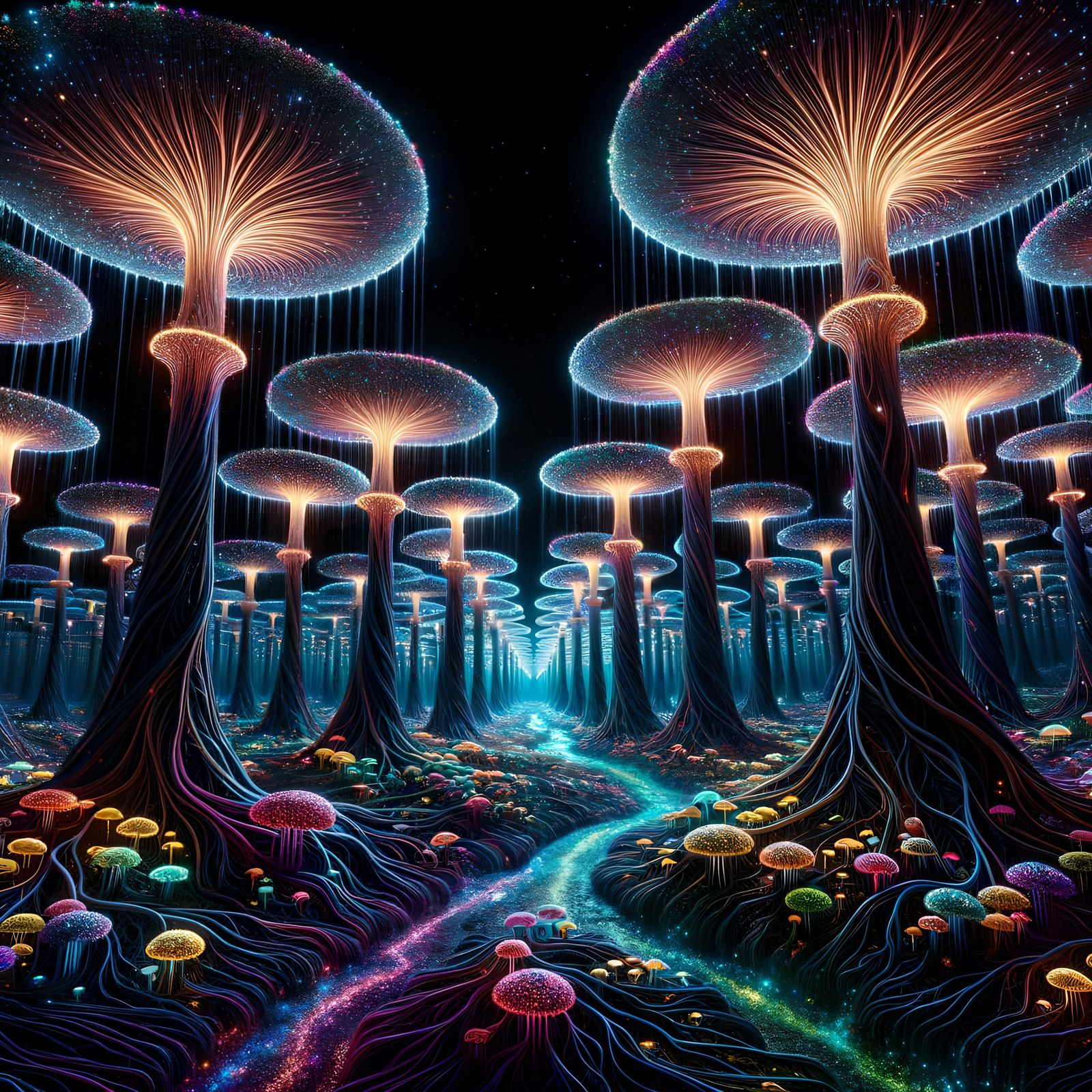 mycelium pathway through glowing giant mushroom forrest with beautiful glowing brooks crossing the path ...  by @Fabian Ragossnig