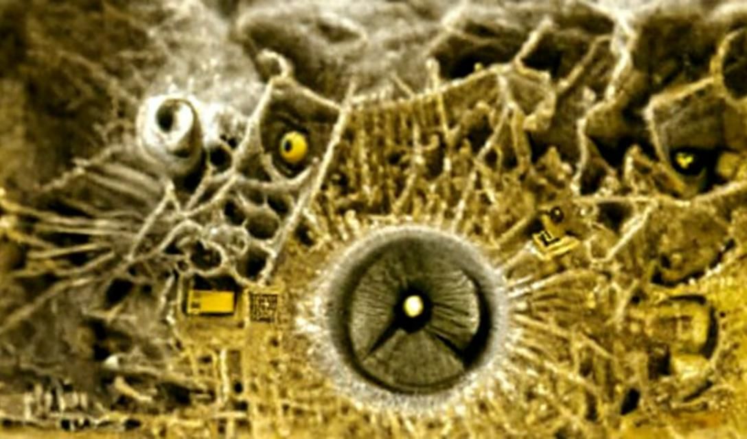 microchip image from electron microscope. in the center fly ...