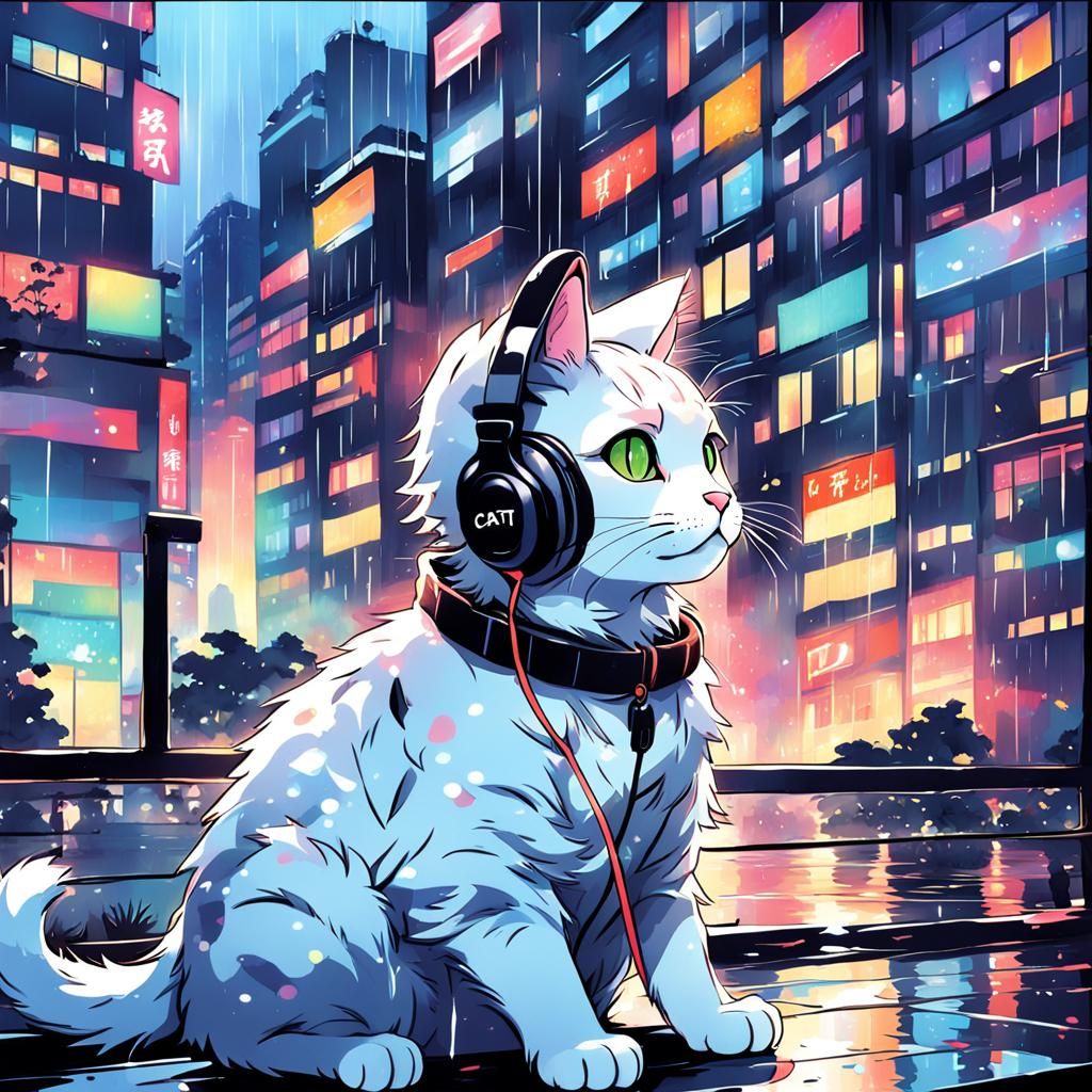 Cat with Headphones in Rainy Anime Cityscape