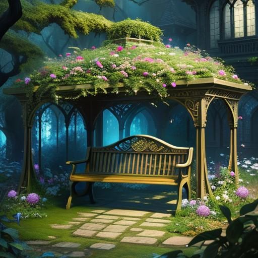 Secret garden bench, amazingly hyperdetailed a masterpiece E...
