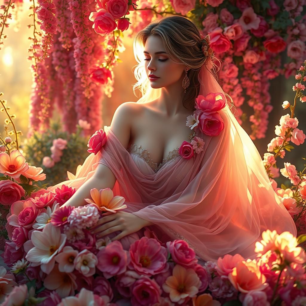 Pastel drawing beautiful lady sitting draped in flowers