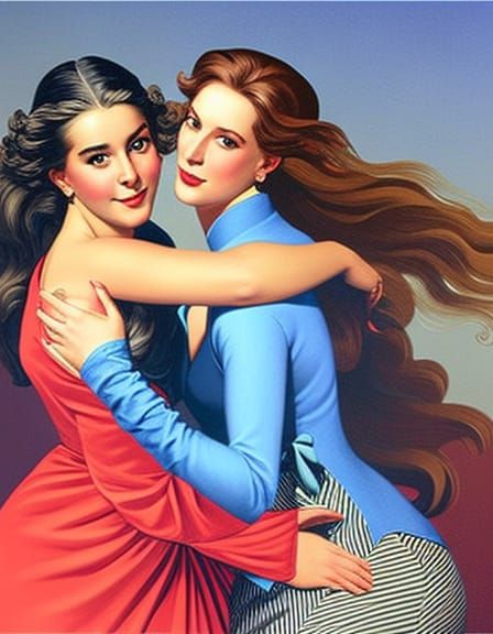 two beautiful, elegant, and refined women hugging, lesbians ...