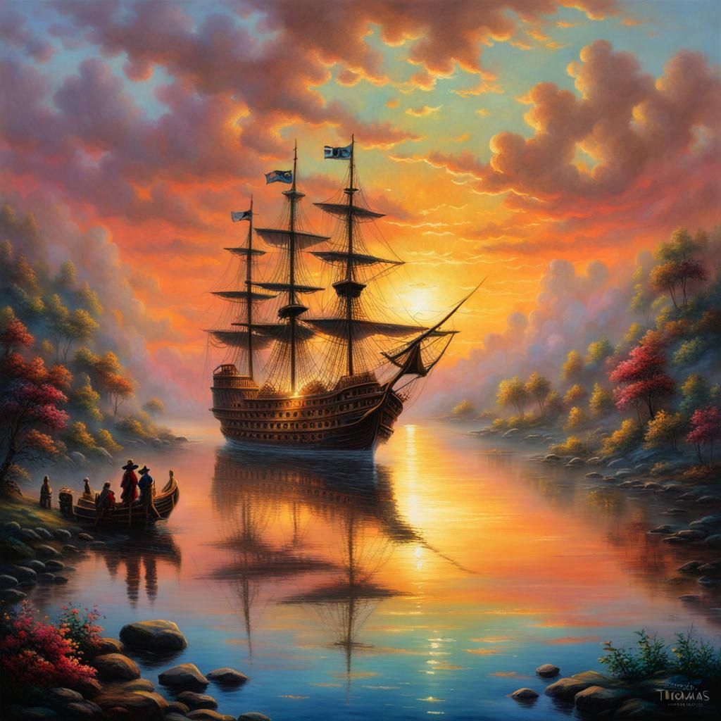 Multi color Sunset, reflection of pirate ship and sky on the...
