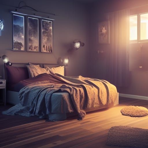 an ikea bedroom set with cool light, Hyperrealistic and studio lighting