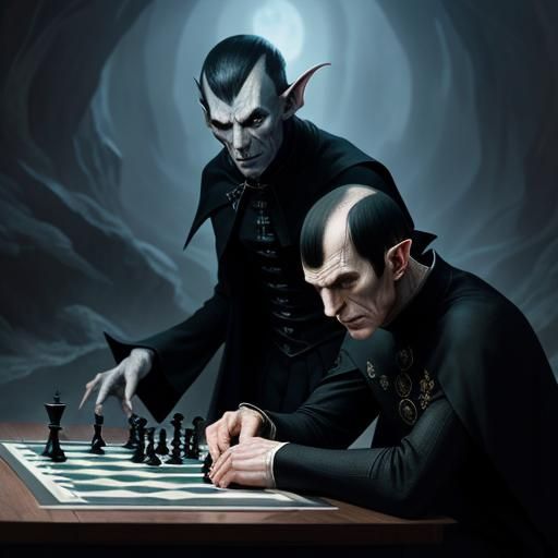 2 people, Spock playing chess with Nosferatu, pointed ears - AI ...