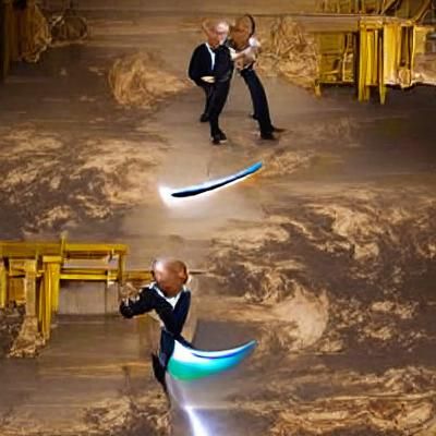 Barack Obama and jeff bezos sword fighting in space