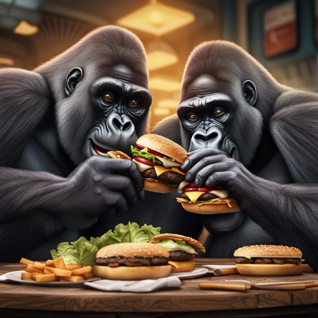 2 cartoon gorillas sharing a giant hamburguer AI Generated Artwork