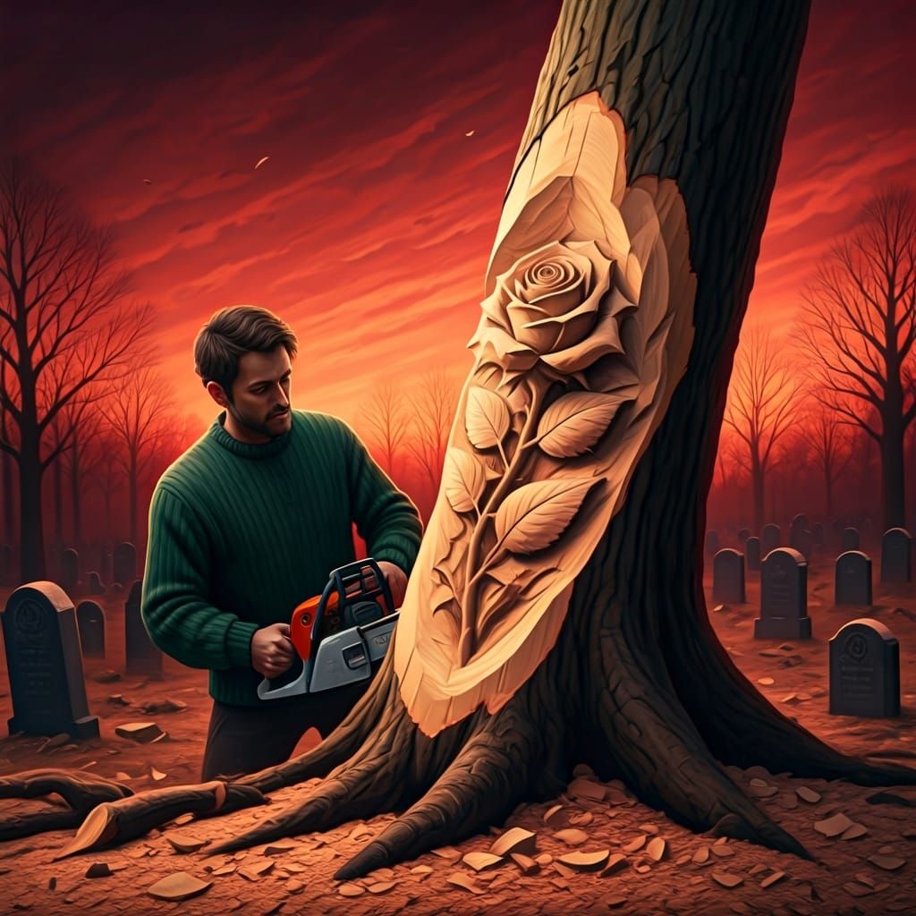 skilled woodcarver is meticulously sculpting a lifelike rose