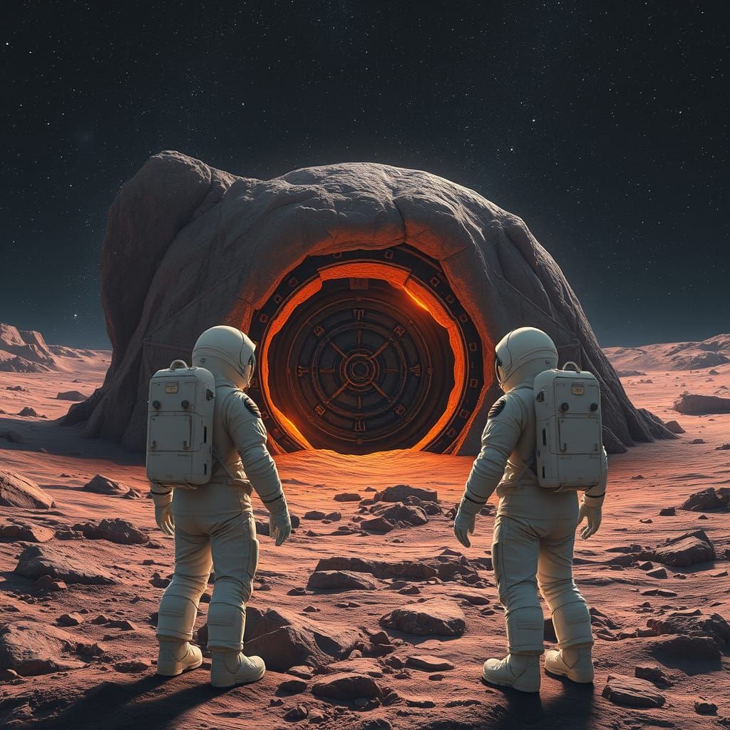 On the Moon surface, a iron door framed deep into the rock. Two astronauts with white EVA gear stare ...  by @Spicy Prompt