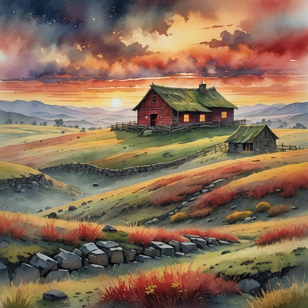 Misty pastel watercolor. Red and gold sunset . Rolling hills...