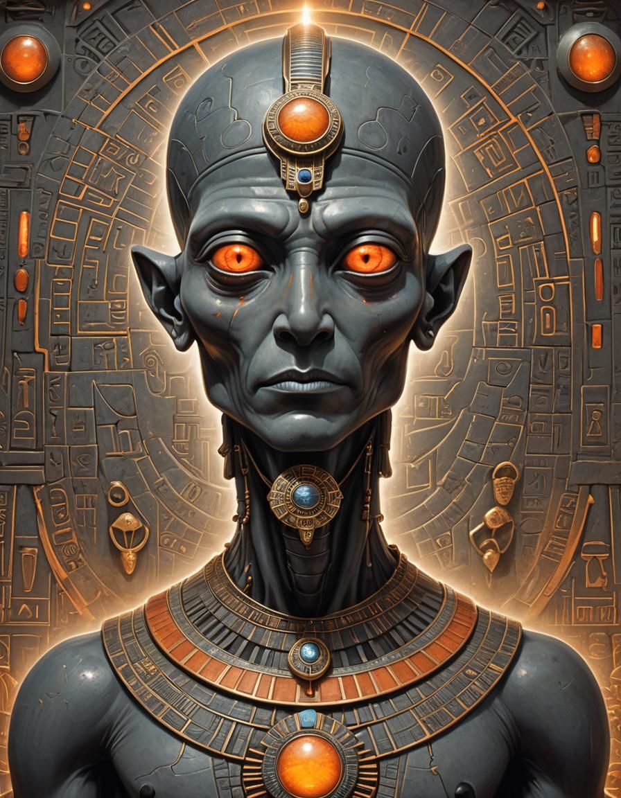 scenic picture of a gray alien god, wide face, orange glowin...