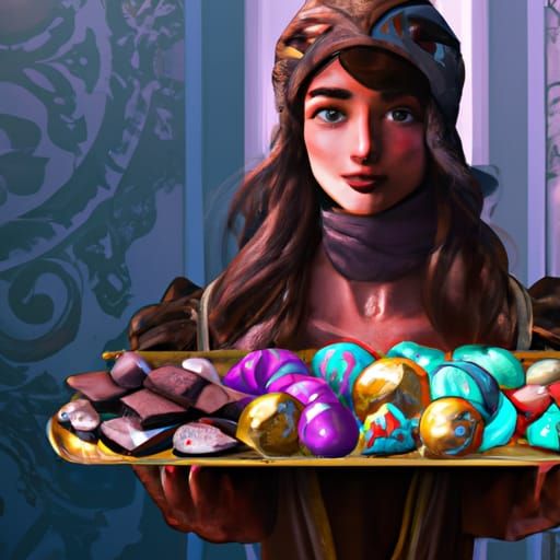 beautiful woman holding tray with chocolate bonbons , 8k res...